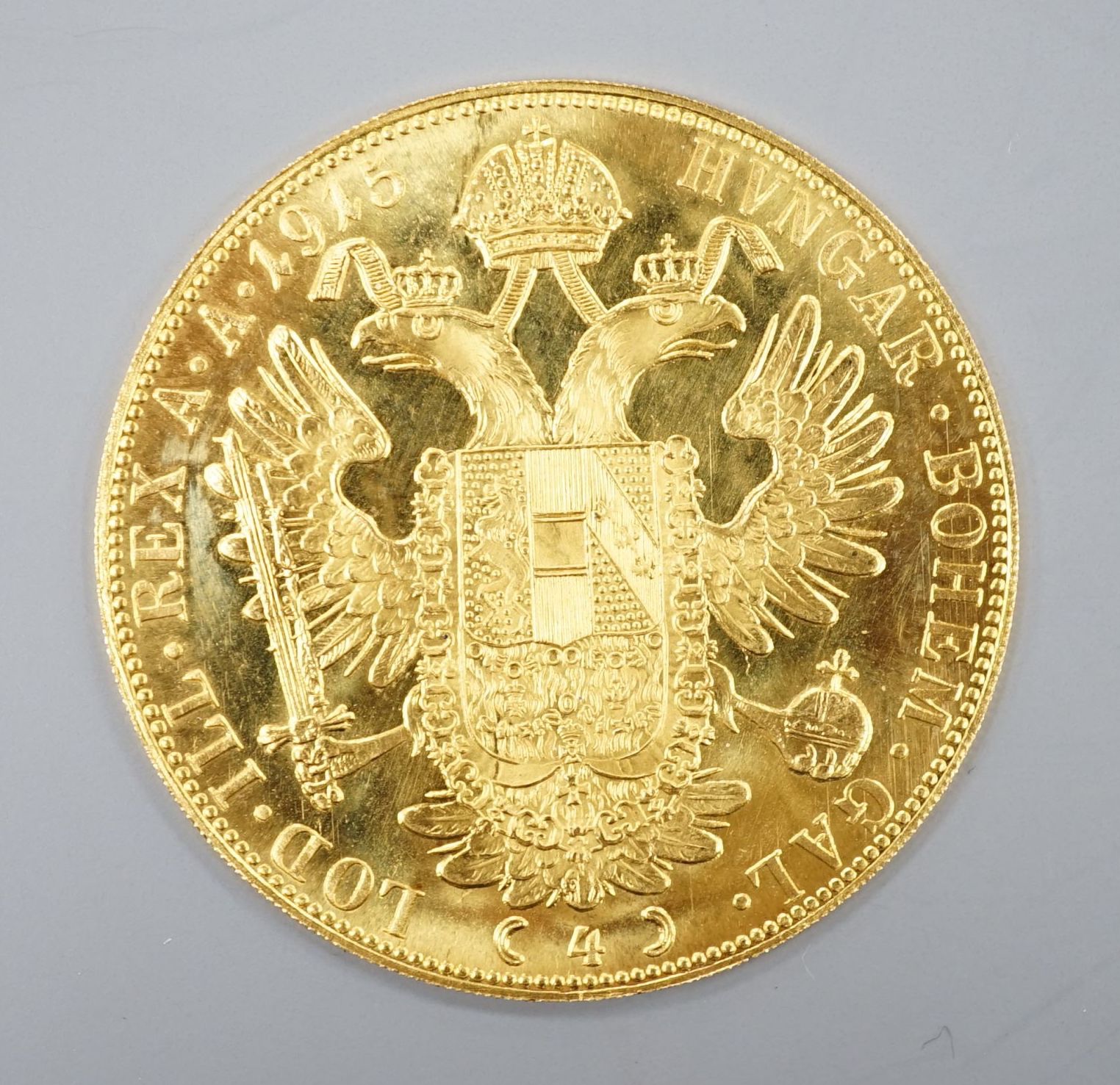 A gold 4 Ducat coin, Franz Joseph I, 1915, 13.9 grams.